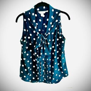 Christopher & Banks Sleeveless Navy Blue & White Tie Front Polka Dot Blouse